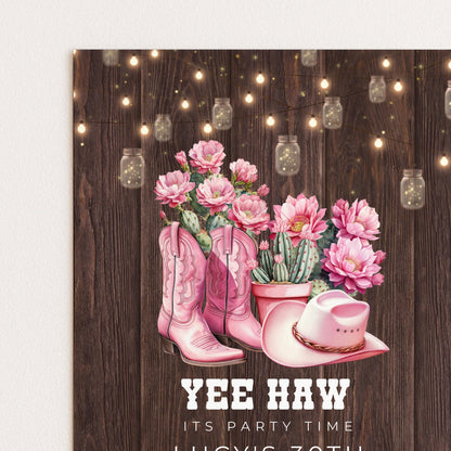 The image is a poster for a party, featuring a wooden background with pink flowers, cowboy boots, and a cowboy hat.