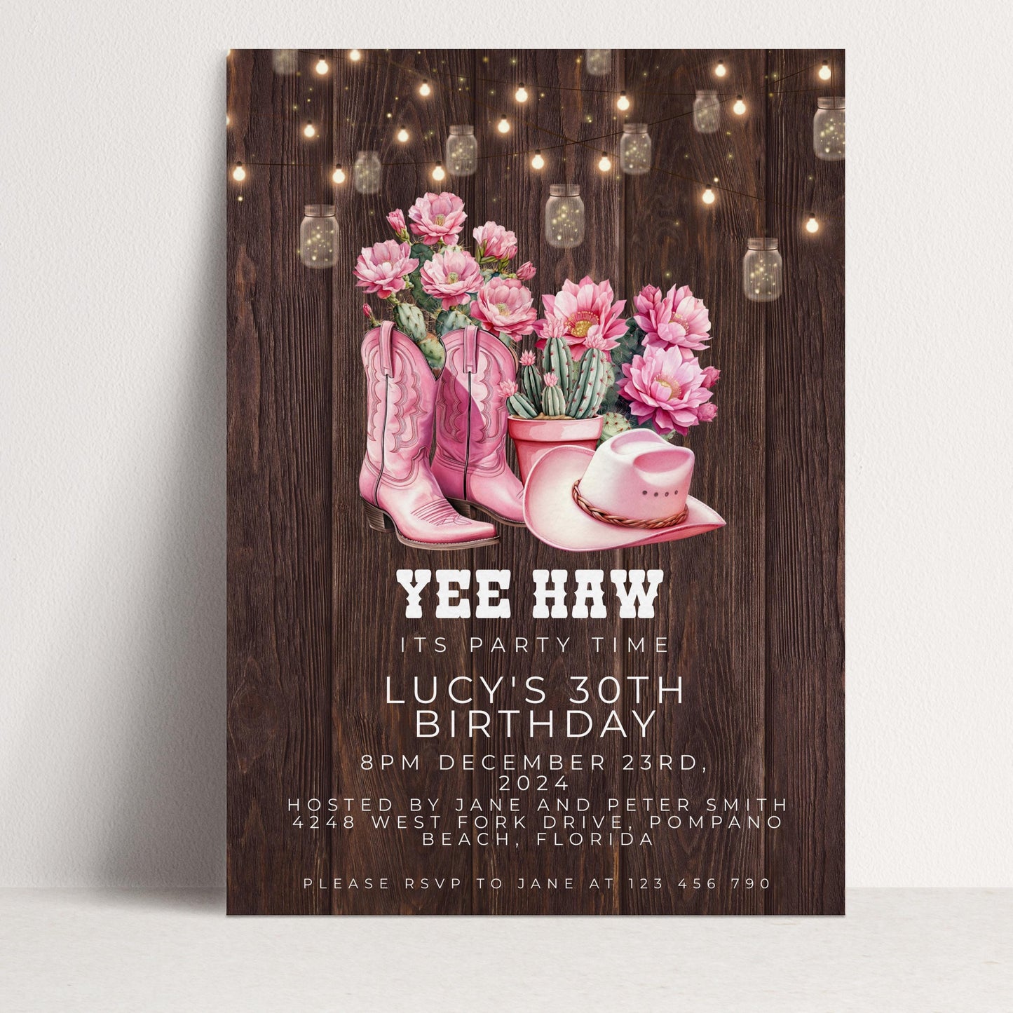 The image is a birthday party invitation for a 30th birthday celebration. It features a rustic wooden background with pink flowers and cowboy boots, along with a string of lights. The text invites guests to a party at 8PM on December 23rd, hosted by Jane and Peter Smith at Beach, Florida.