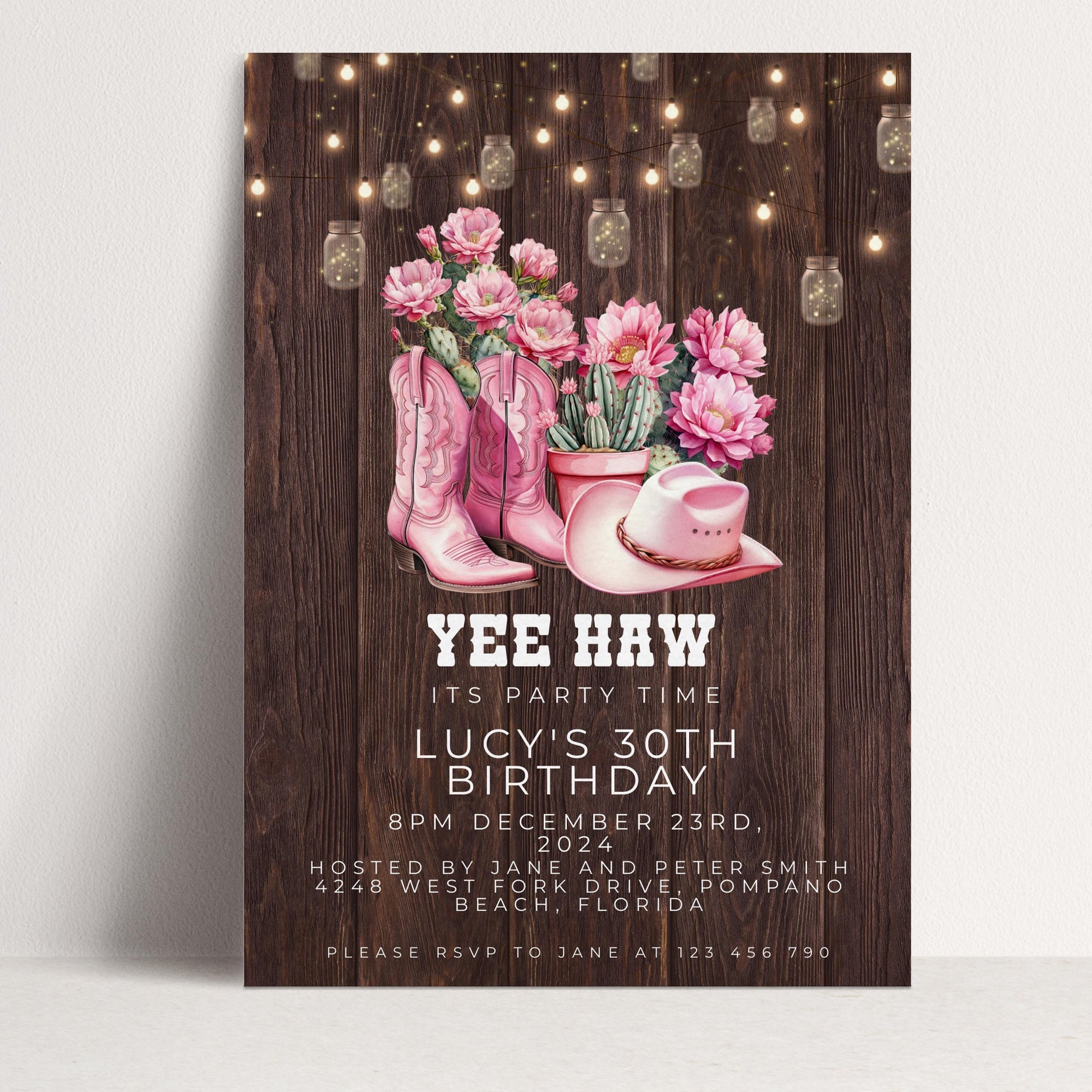 The image is a birthday party invitation for a 30th birthday celebration. It features a rustic wooden background with pink flowers and cowboy boots, along with a string of lights. The text invites guests to a party at 8PM on December 23rd, hosted by Jane and Peter Smith at Beach, Florida.