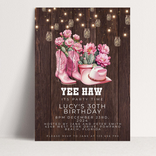 The image is a birthday party invitation for a 30th birthday celebration. It features a rustic wooden background with pink flowers and cowboy boots, along with a string of lights. The text invites guests to a party at 8PM on December 23rd, hosted by Jane and Peter Smith at Beach, Florida.