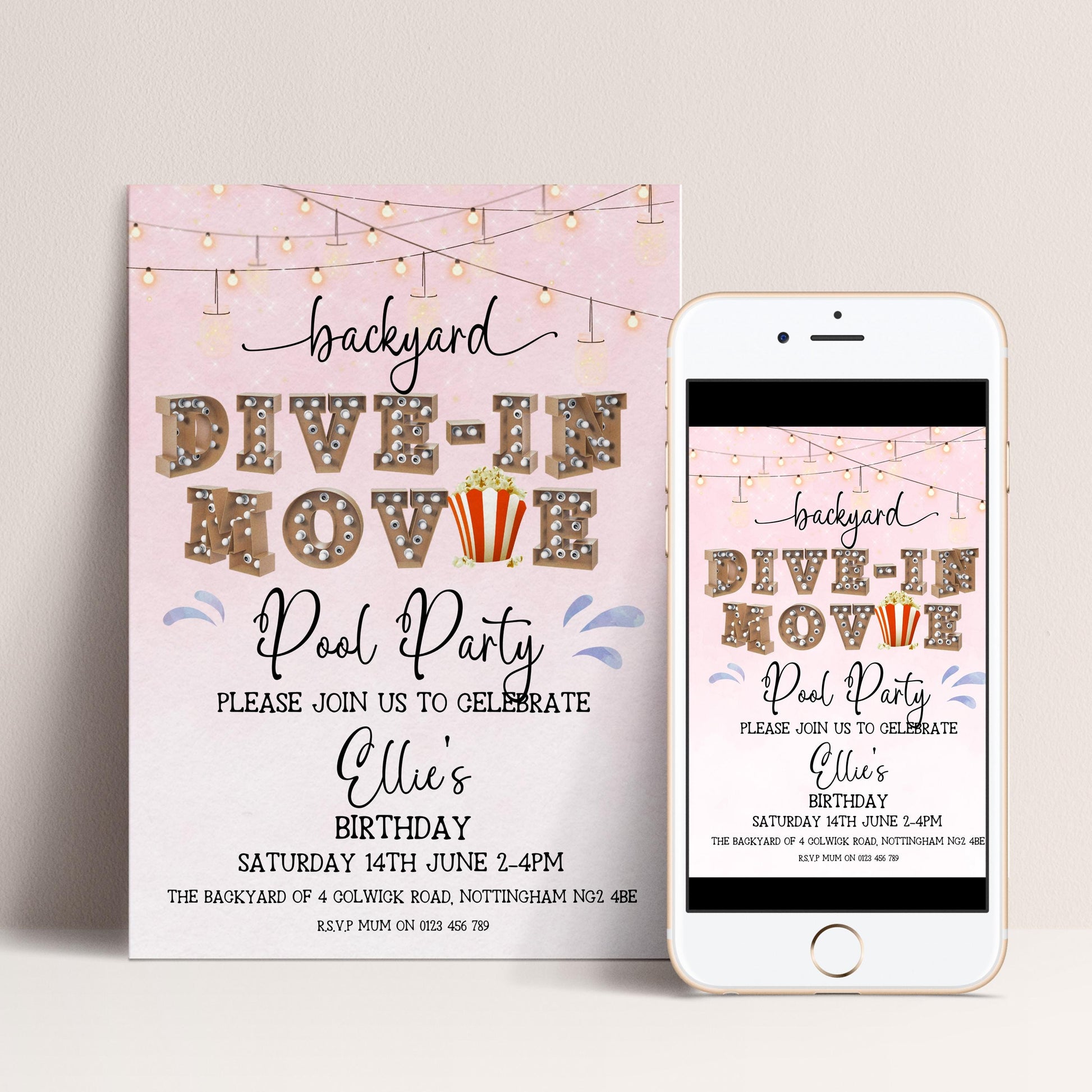 Pink Dive-In Movie Night Invitation – Backyard Pool Party Editable Template for Girls, Corjl Digital Download Summer Birthday Invite