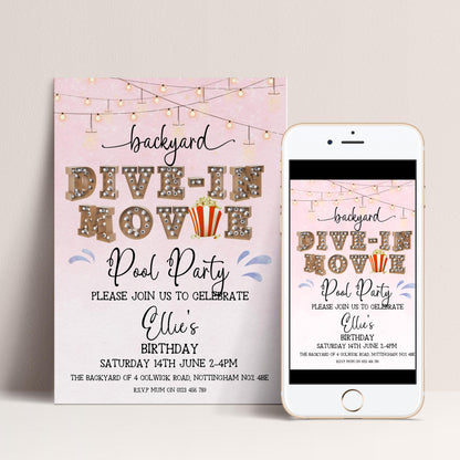 Pink Dive-In Movie Night Invitation – Backyard Pool Party Editable Template for Girls, Corjl Digital Download Summer Birthday Invite