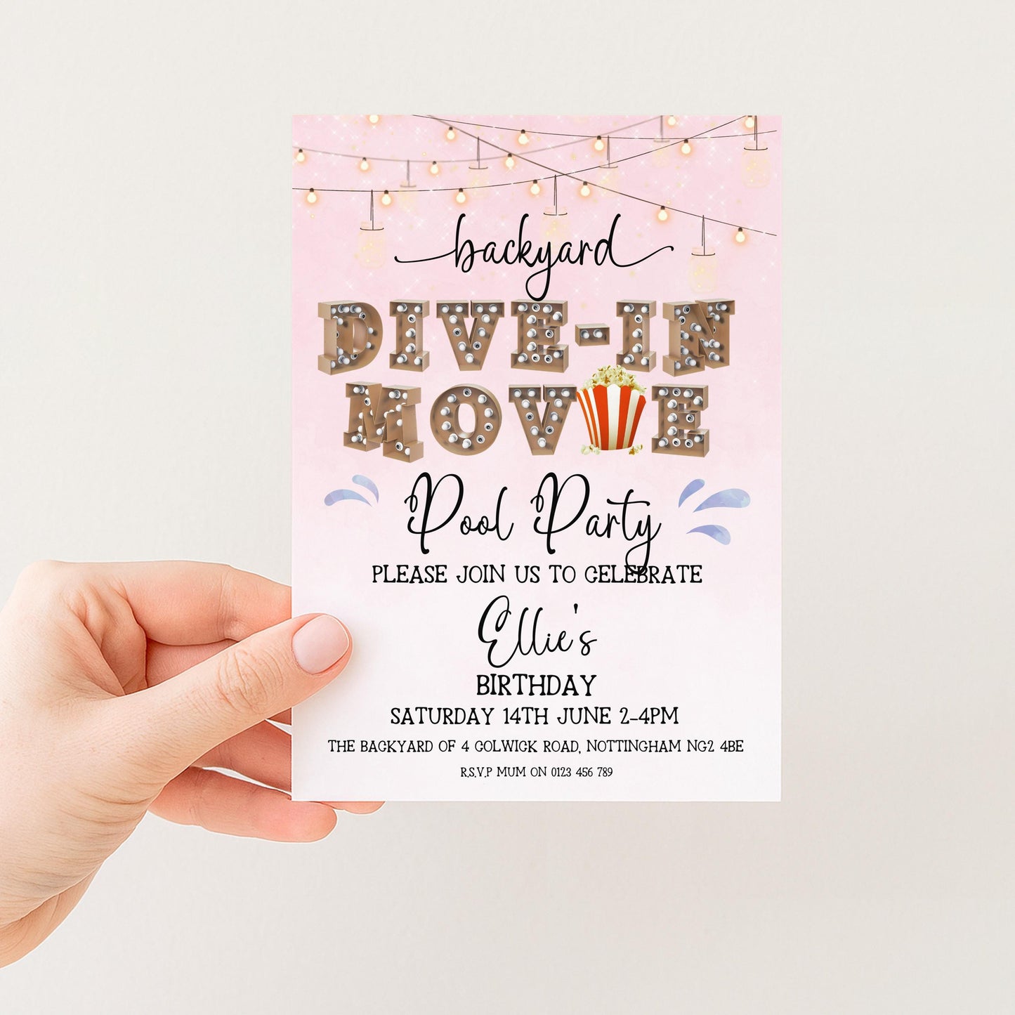 Pink Dive-In Movie Night Invitation – Backyard Pool Party Editable Template for Girls, Corjl Digital Download Summer Birthday Invite