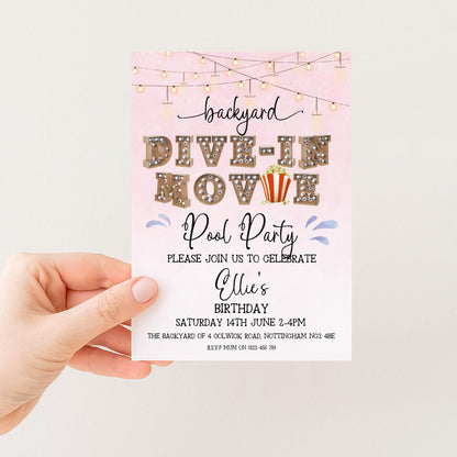 Pink Dive-In Movie Night Invitation – Backyard Pool Party Editable Template for Girls, Corjl Digital Download Summer Birthday Invite