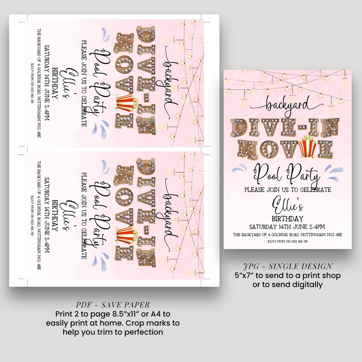 Pink Dive-In Movie Night Invitation – Backyard Pool Party Editable Template for Girls, Corjl Digital Download Summer Birthday Invite
