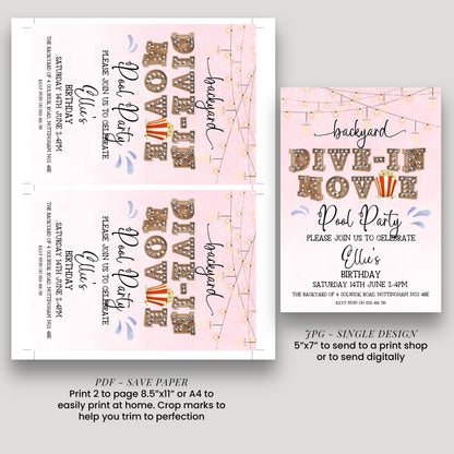 Pink Dive-In Movie Night Invitation – Backyard Pool Party Editable Template for Girls, Corjl Digital Download Summer Birthday Invite