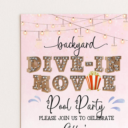Pink Dive-In Movie Night Invitation – Backyard Pool Party Editable Template for Girls, Corjl Digital Download Summer Birthday Invite