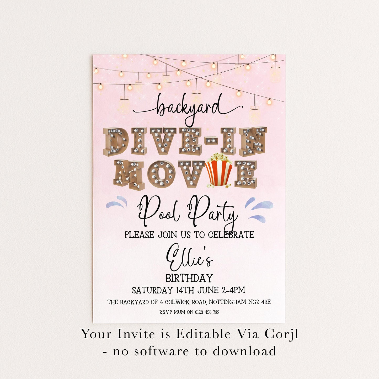 Pink Dive-In Movie Night Invitation – Backyard Pool Party Editable Template for Girls, Corjl Digital Download Summer Birthday Invite
