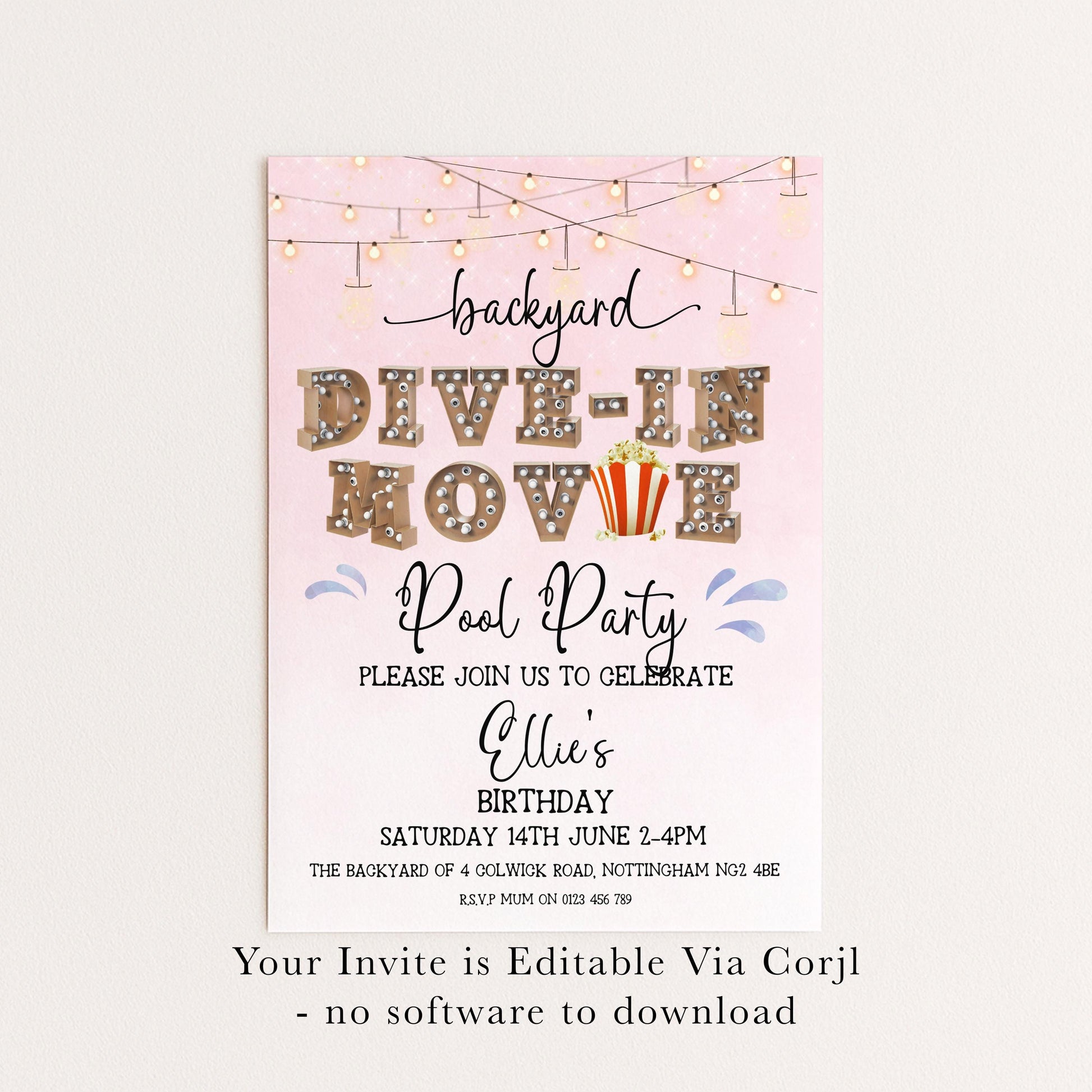 Pink Dive-In Movie Night Invitation – Backyard Pool Party Editable Template for Girls, Corjl Digital Download Summer Birthday Invite