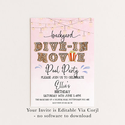 Pink Dive-In Movie Night Invitation – Backyard Pool Party Editable Template for Girls, Corjl Digital Download Summer Birthday Invite
