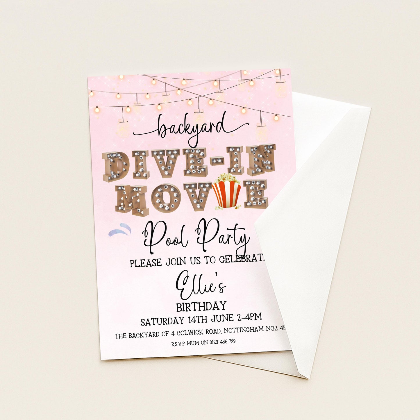 Pink Dive-In Movie Night Invitation – Backyard Pool Party Editable Template for Girls, Corjl Digital Download Summer Birthday Invite