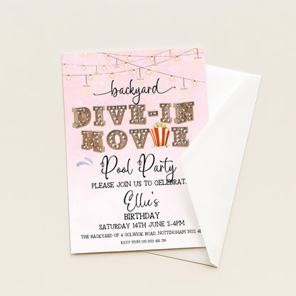 Pink Dive-In Movie Night Invitation – Backyard Pool Party Editable Template for Girls, Corjl Digital Download Summer Birthday Invite