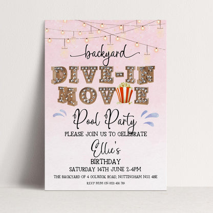 Pink Dive-In Movie Night Invitation – Backyard Pool Party Editable Template for Girls, Corjl Digital Download Summer Birthday Invite