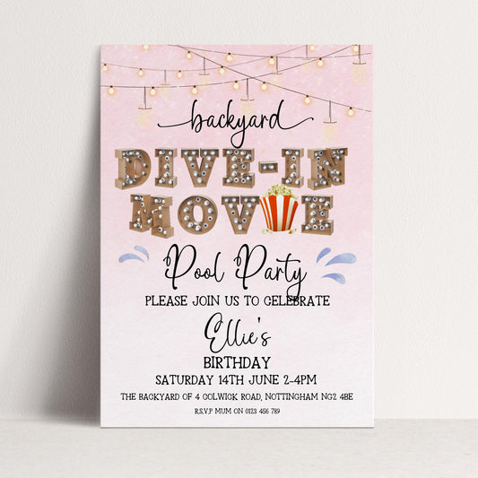 Pink Dive-In Movie Night Invitation – Backyard Pool Party Editable Template for Girls, Corjl Digital Download Summer Birthday Invite