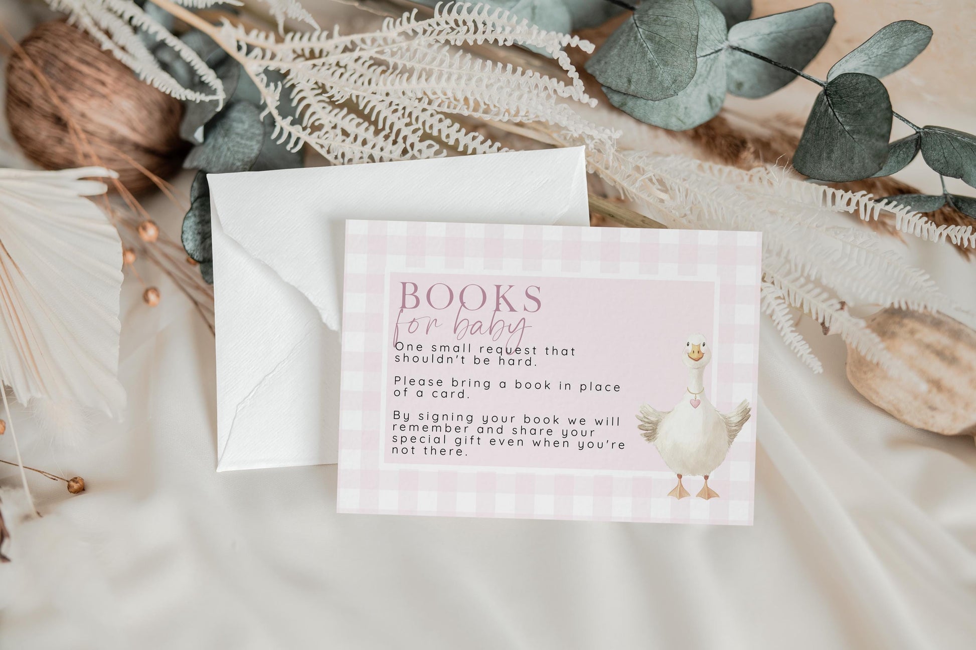 Pink Goose Baby Shower Bundle, Editable Corjl Template, Baby Invite Cards, Diaper Raffle, Books for Baby, Thank You, Gingham Baby Girl SG21