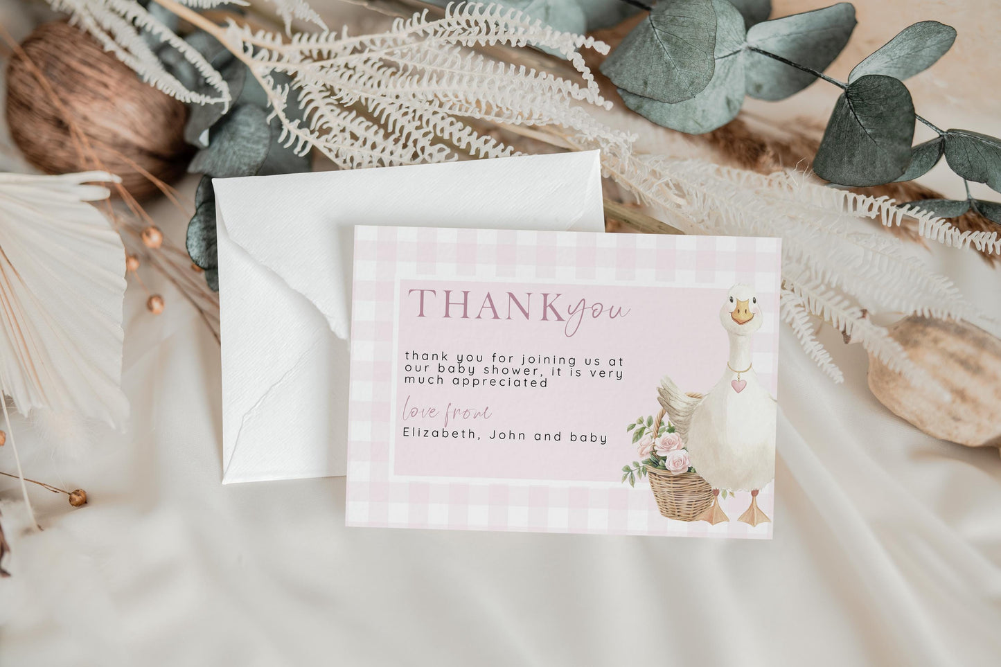 Pink Goose Baby Shower Bundle, Editable Corjl Template, Baby Invite Cards, Diaper Raffle, Books for Baby, Thank You, Gingham Baby Girl SG21