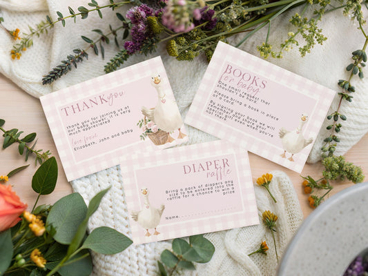 Pink Goose Baby Shower Bundle, Editable Corjl Template, Baby Invite Cards, Diaper Raffle, Books for Baby, Thank You, Gingham Baby Girl SG21