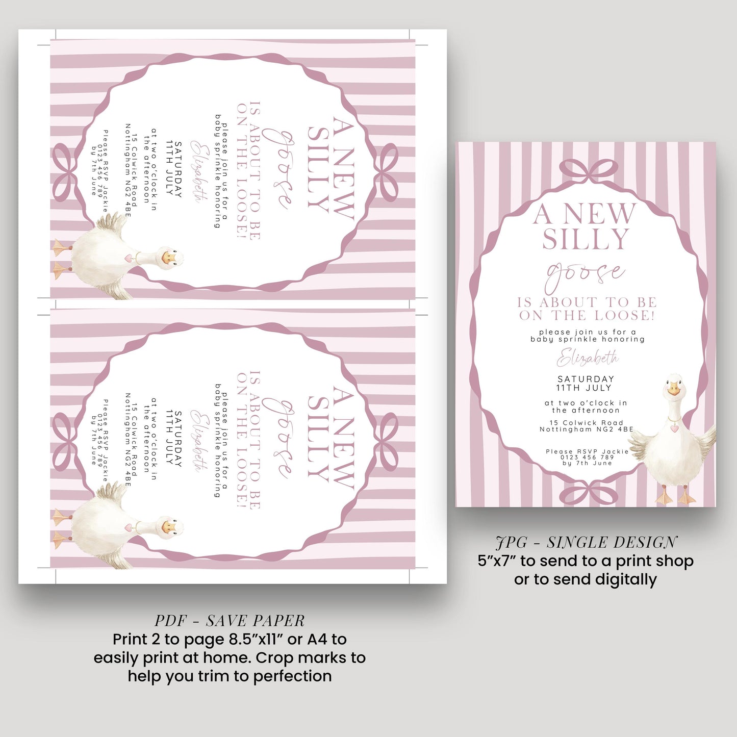 Pink Goose Baby Sprinkle Invitation, Editable Girl Baby Shower Template, Corjl Instant Download SG21