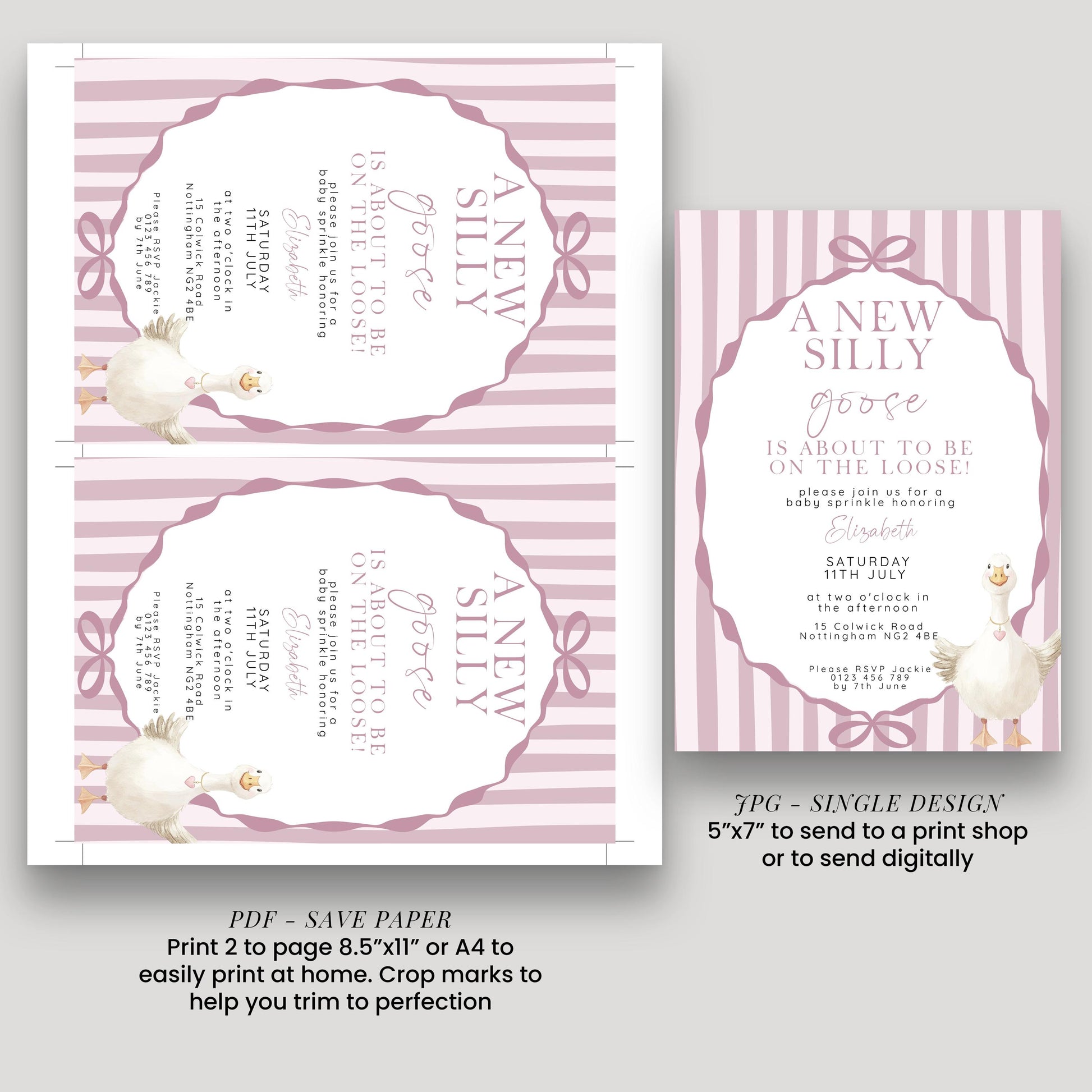 Pink Goose Baby Sprinkle Invitation, Editable Girl Baby Shower Template, Corjl Instant Download SG21