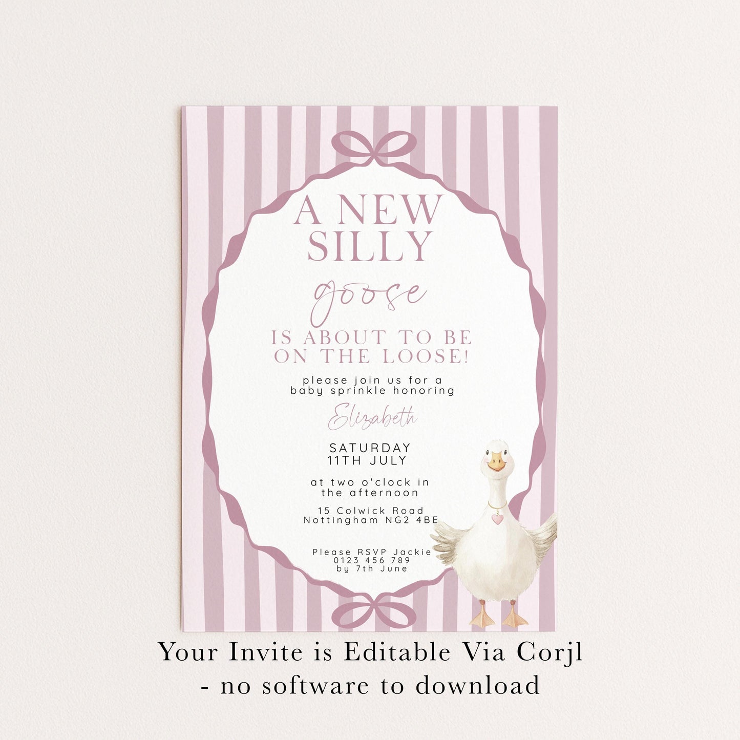 Pink Goose Baby Sprinkle Invitation, Editable Girl Baby Shower Template, Corjl Instant Download SG21