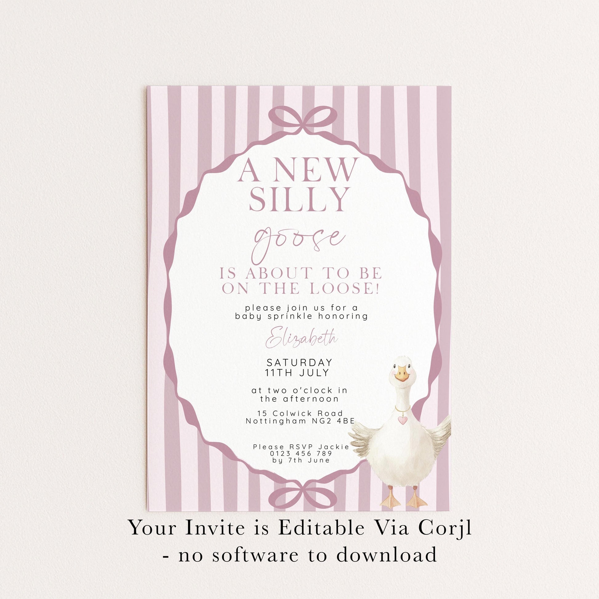 Pink Goose Baby Sprinkle Invitation, Editable Girl Baby Shower Template, Corjl Instant Download SG21
