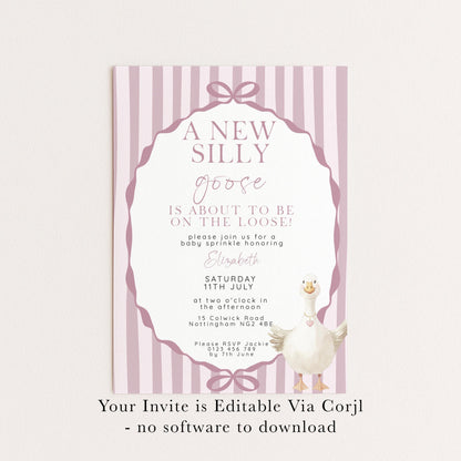 Pink Goose Baby Sprinkle Invitation, Editable Girl Baby Shower Template, Corjl Instant Download SG21
