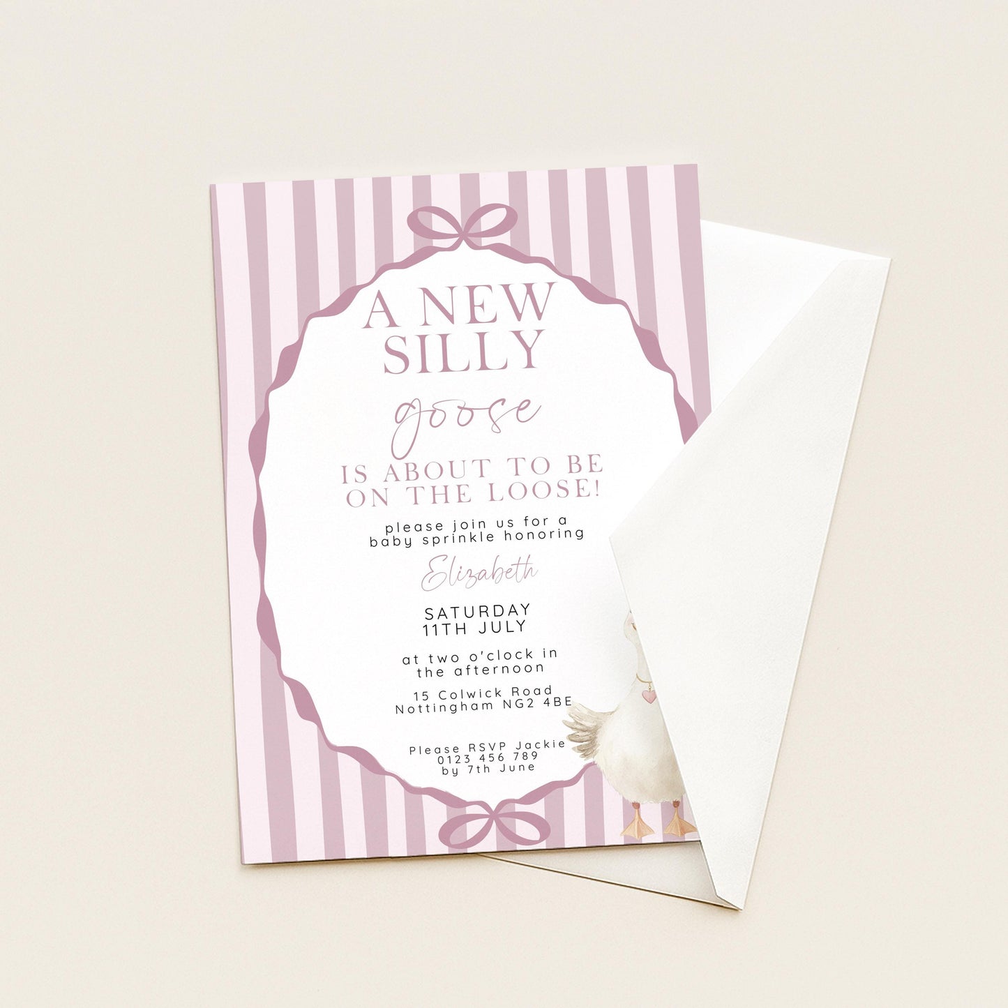 Pink Goose Baby Sprinkle Invitation, Editable Girl Baby Shower Template, Corjl Instant Download SG21