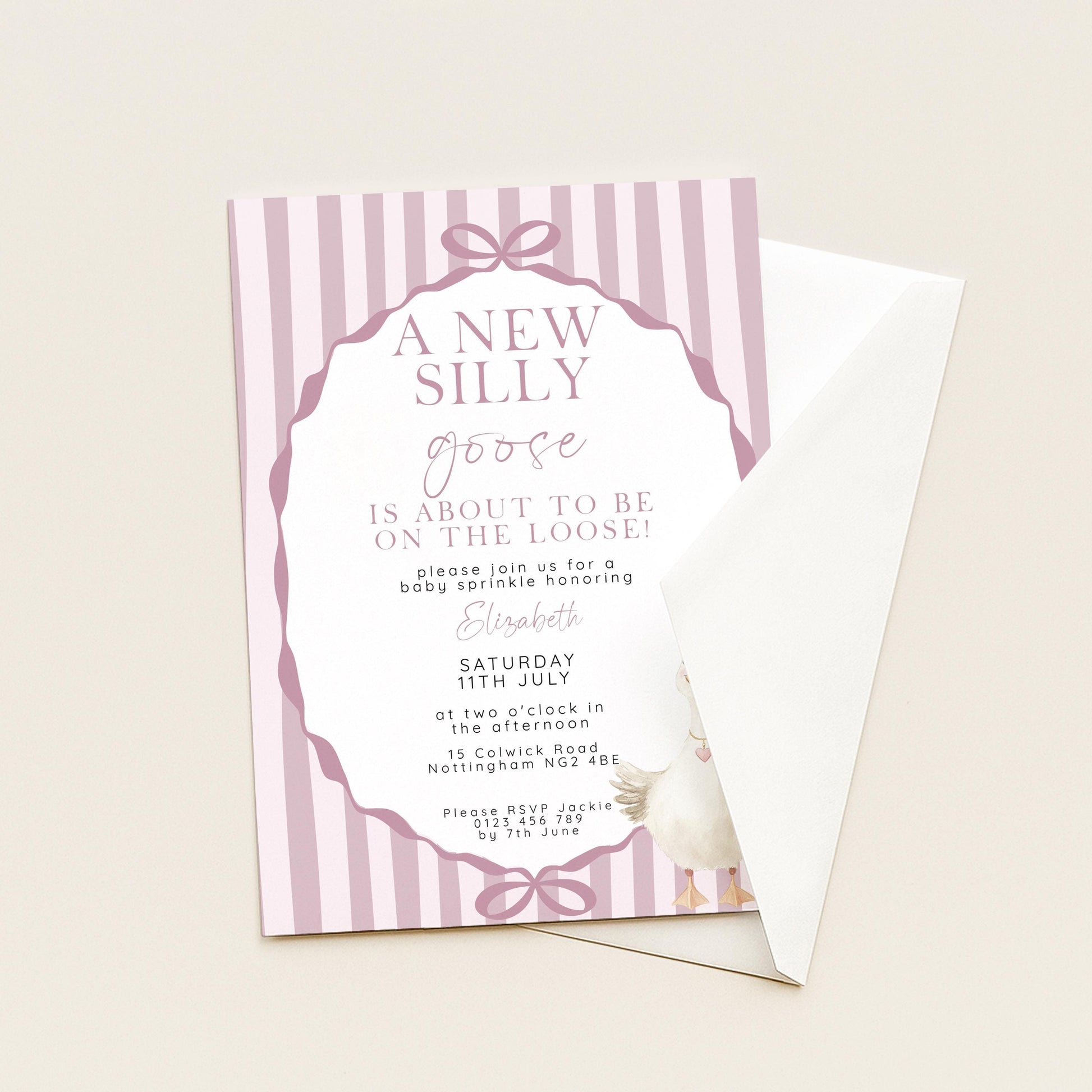 Pink Goose Baby Sprinkle Invitation, Editable Girl Baby Shower Template, Corjl Instant Download SG21