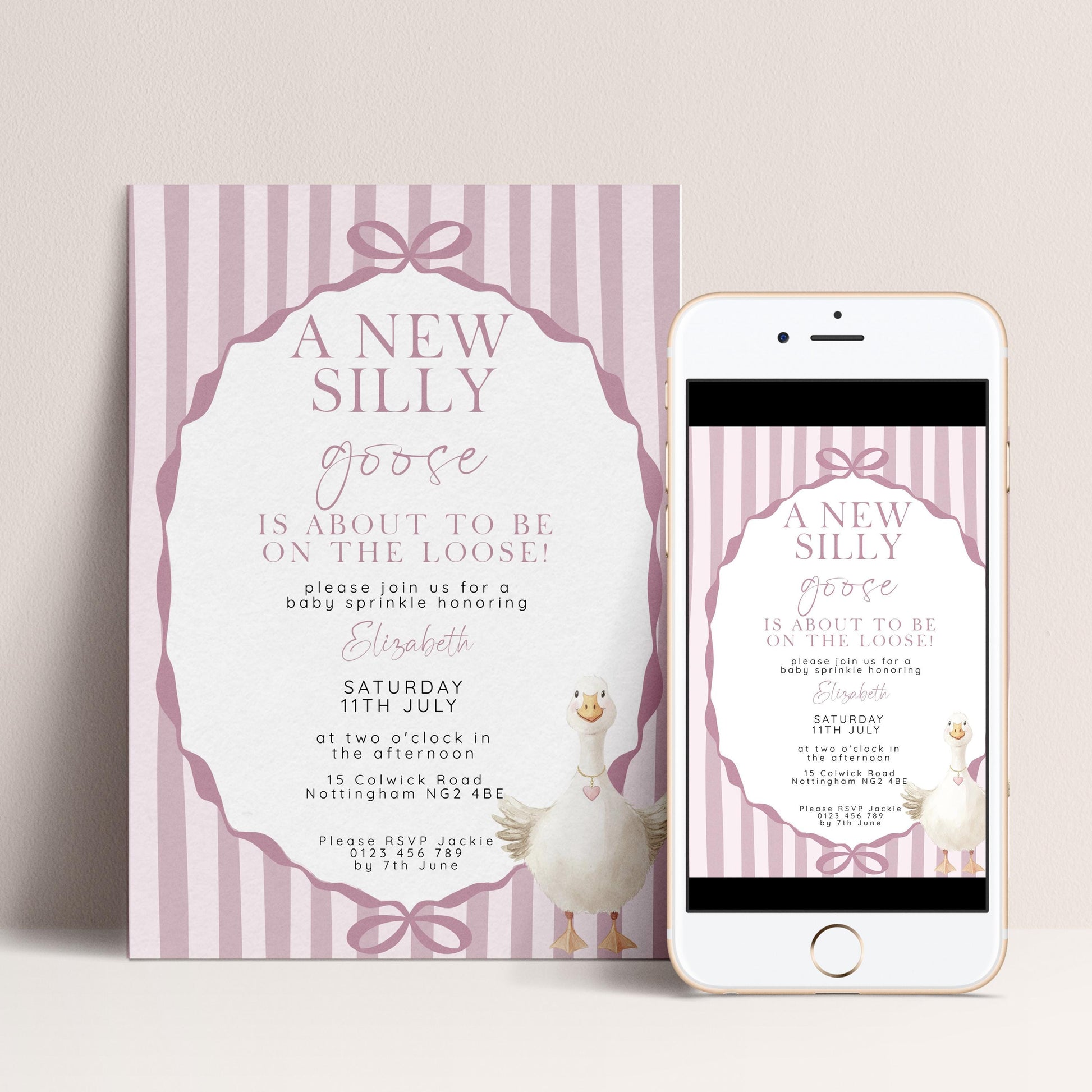 Pink Goose Baby Sprinkle Invitation, Editable Girl Baby Shower Template, Corjl Instant Download SG21