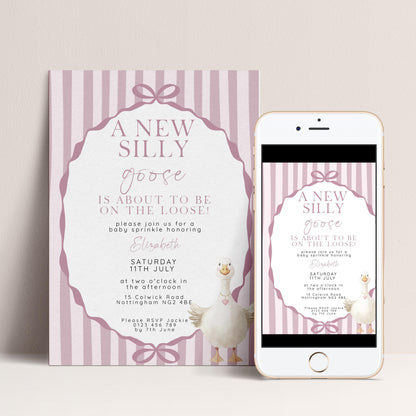 Pink Goose Baby Sprinkle Invitation, Editable Girl Baby Shower Template, Corjl Instant Download SG21