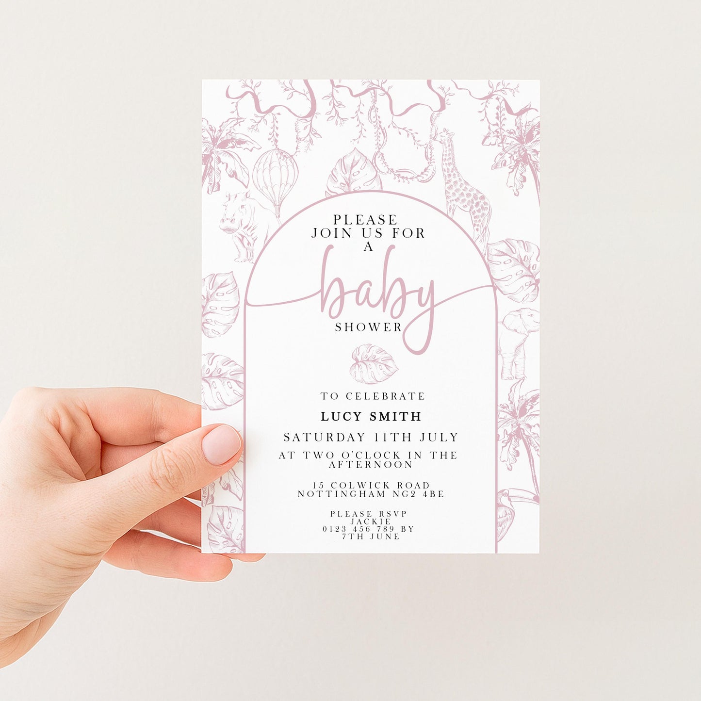 Pink Safari Baby Shower Invitation, Editable Jungle Invite for Girls, Corjl Template, Wild One Baby Shower, Instant Download PT20