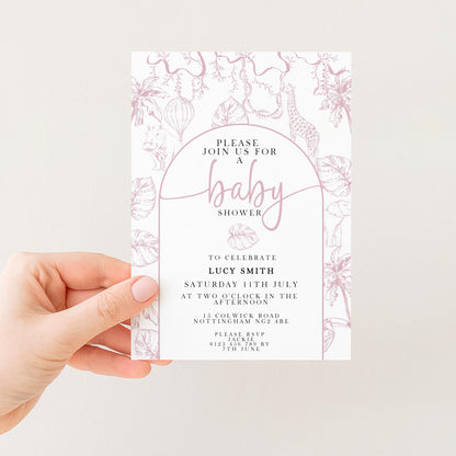 Pink Safari Baby Shower Invitation, Editable Jungle Invite for Girls, Corjl Template, Wild One Baby Shower, Instant Download PT20