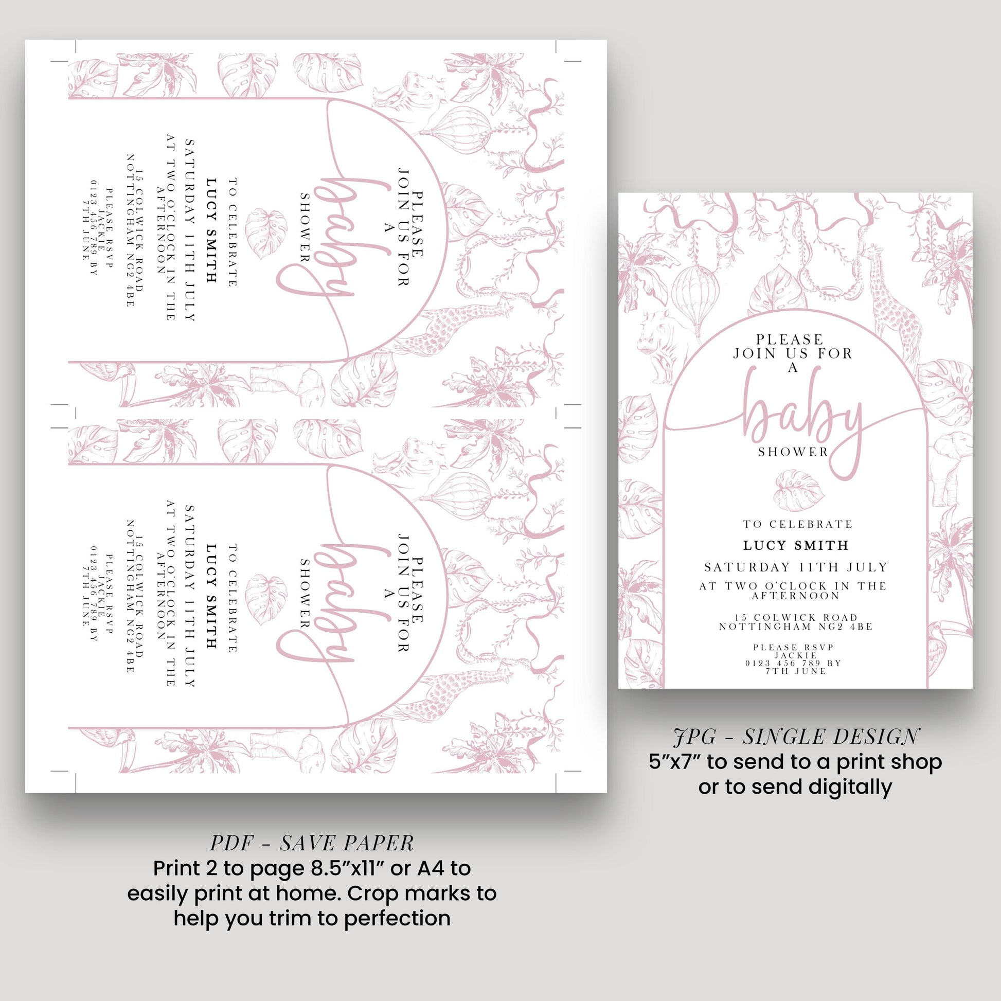 Pink Safari Baby Shower Invitation, Editable Jungle Invite for Girls, Corjl Template, Wild One Baby Shower, Instant Download PT20