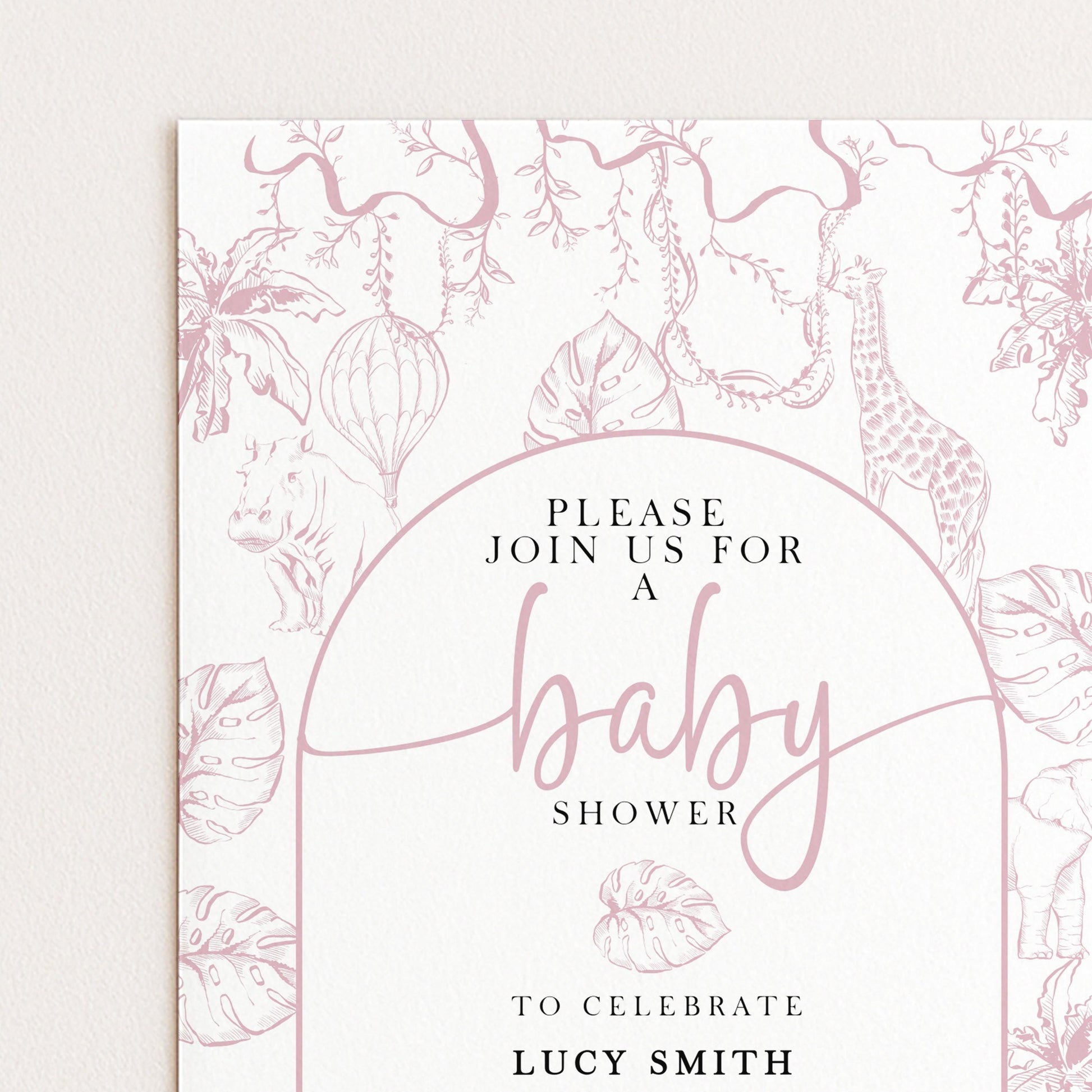 Pink Safari Baby Shower Invitation, Editable Jungle Invite for Girls, Corjl Template, Wild One Baby Shower, Instant Download PT20