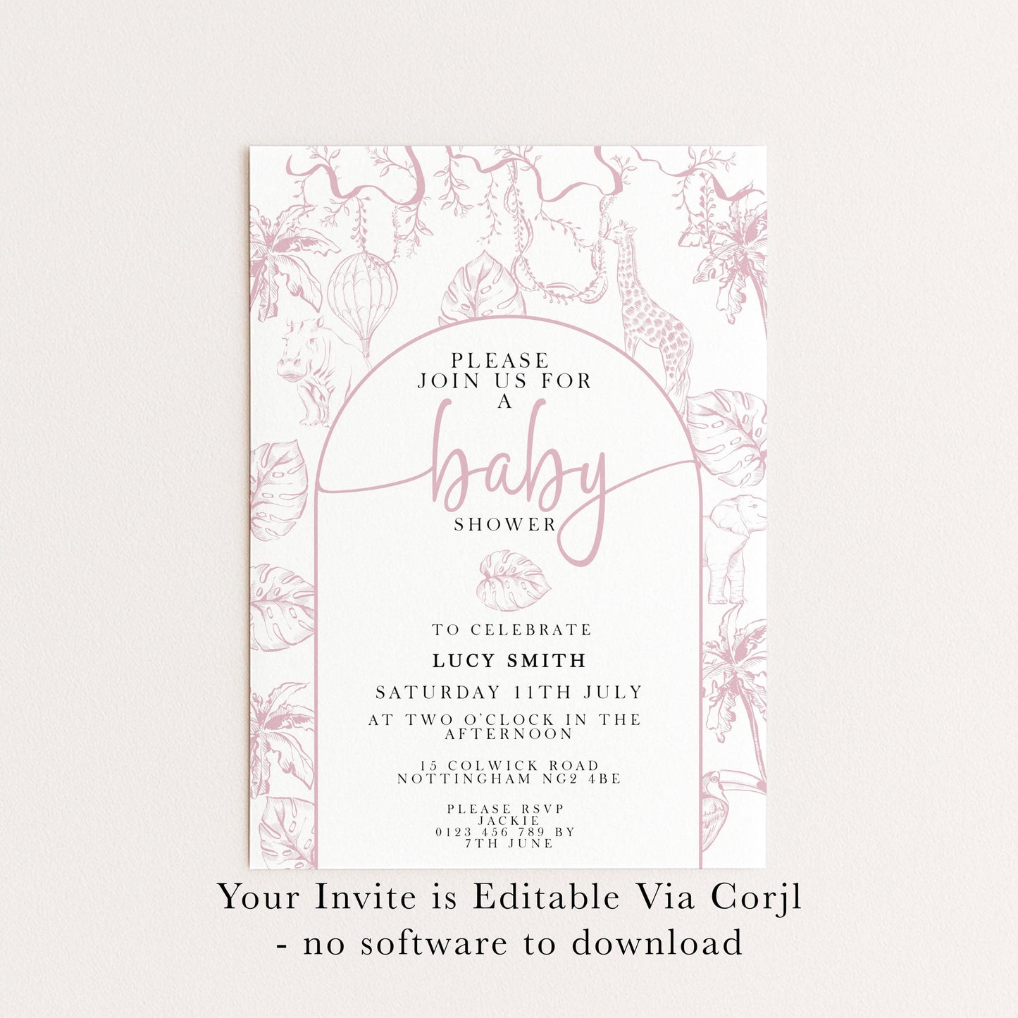 Pink Safari Baby Shower Invitation, Editable Jungle Invite for Girls, Corjl Template, Wild One Baby Shower, Instant Download PT20