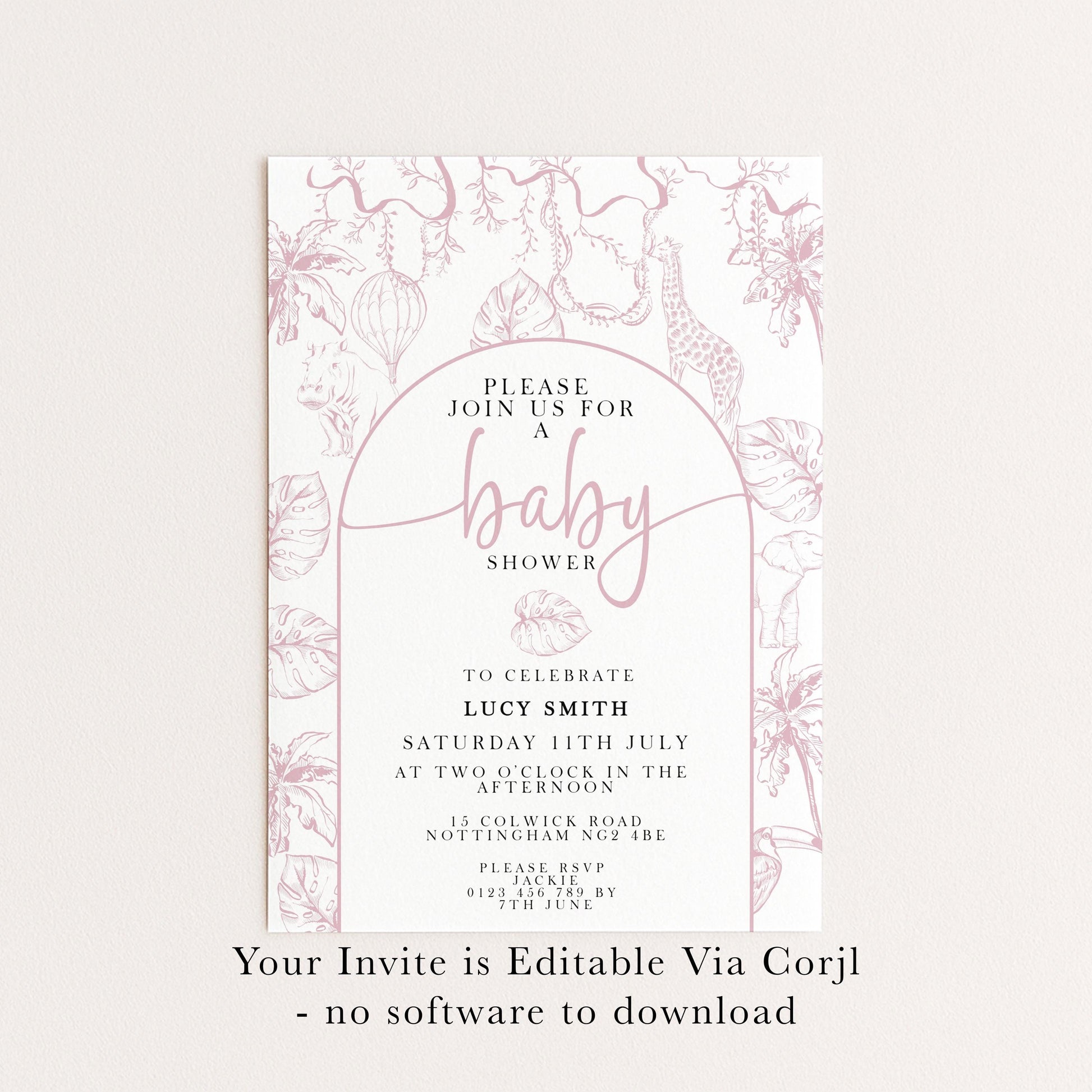 Pink Safari Baby Shower Invitation, Editable Jungle Invite for Girls, Corjl Template, Wild One Baby Shower, Instant Download PT20