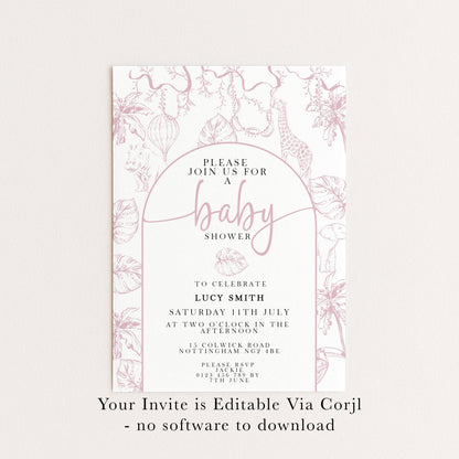 Pink Safari Baby Shower Invitation, Editable Jungle Invite for Girls, Corjl Template, Wild One Baby Shower, Instant Download PT20
