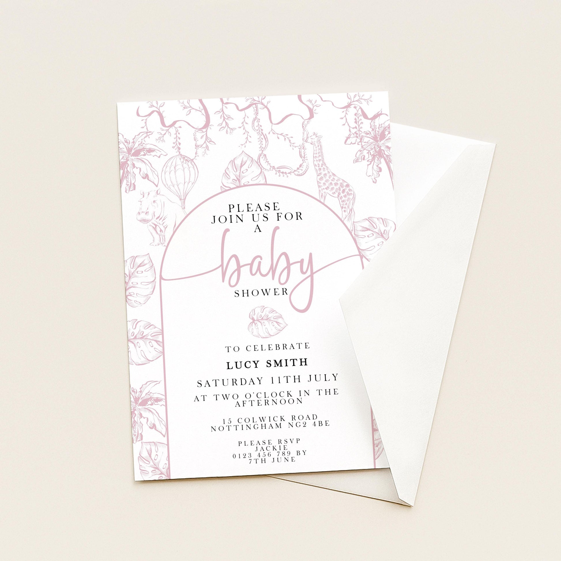 Pink Safari Baby Shower Invitation, Editable Jungle Invite for Girls, Corjl Template, Wild One Baby Shower, Instant Download PT20