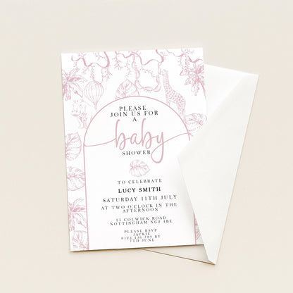 Pink Safari Baby Shower Invitation, Editable Jungle Invite for Girls, Corjl Template, Wild One Baby Shower, Instant Download PT20