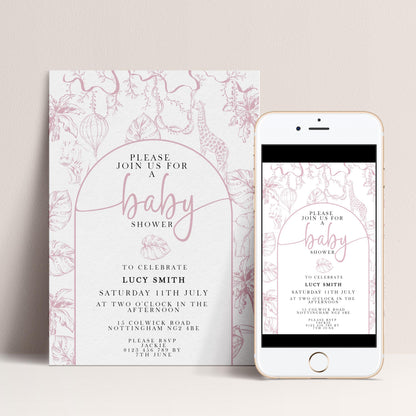 Pink Safari Baby Shower Invitation, Editable Jungle Invite for Girls, Corjl Template, Wild One Baby Shower, Instant Download PT20