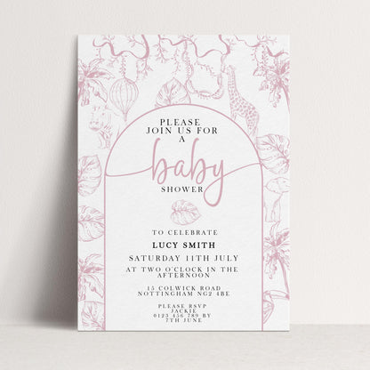 Pink Safari Baby Shower Invitation, Editable Jungle Invite for Girls, Corjl Template, Wild One Baby Shower, Instant Download PT20