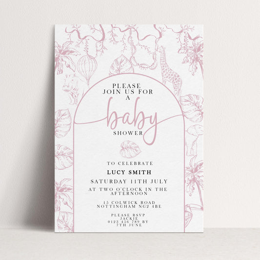 Pink Safari Baby Shower Invitation, Editable Jungle Invite for Girls, Corjl Template, Wild One Baby Shower, Instant Download PT20