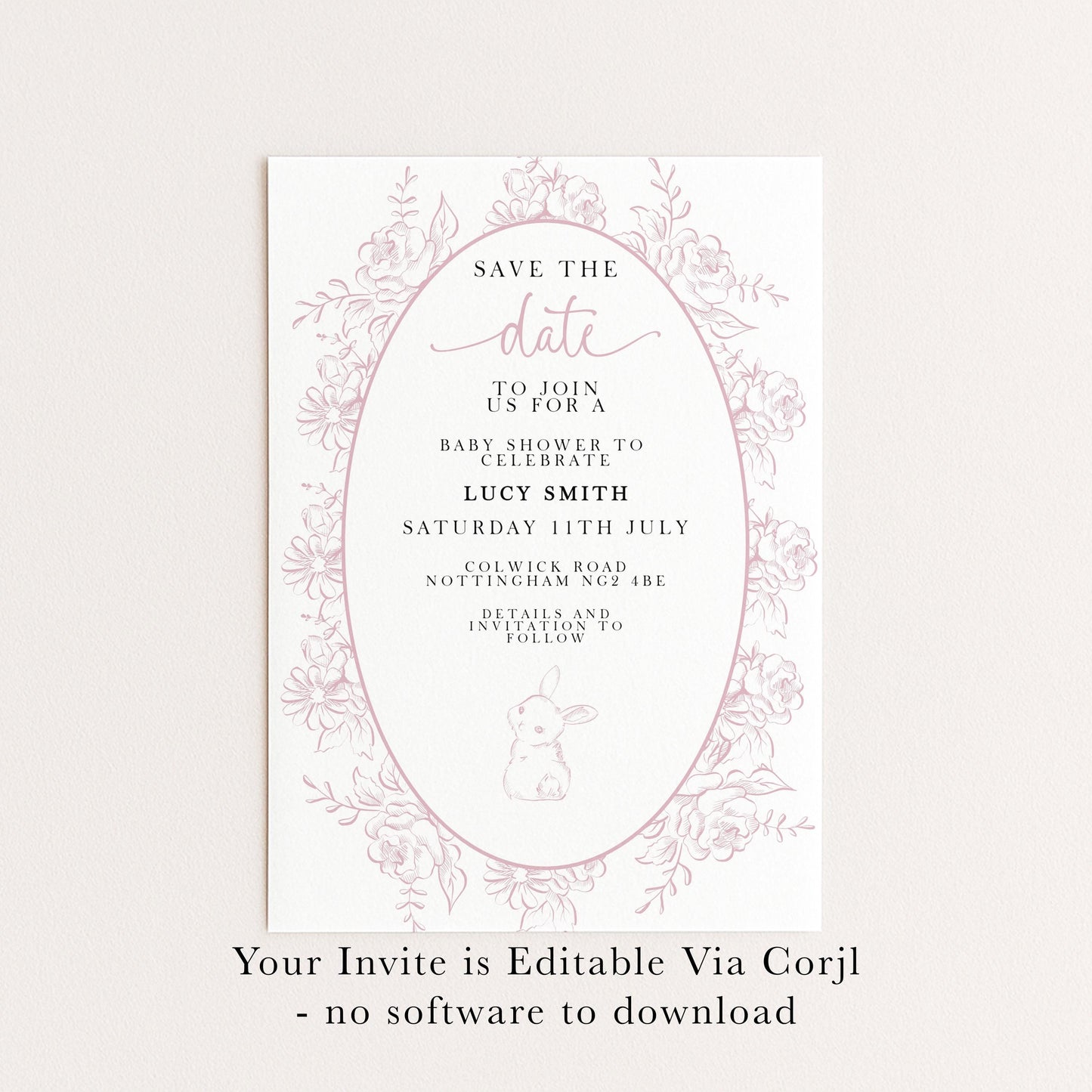 The image is a pink and white invitation card for a baby shower, featuring a floral border and text inviting guests to join the celebration.