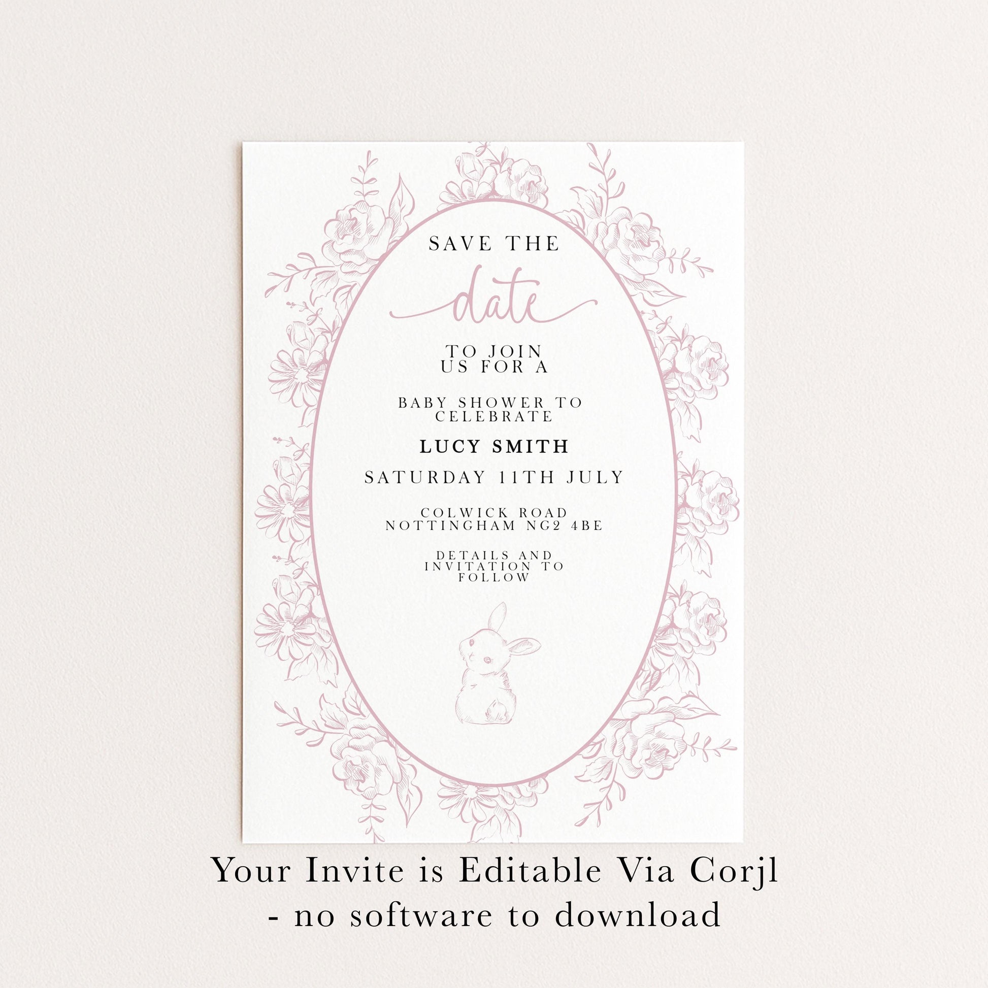 The image is a pink and white invitation card for a baby shower, featuring a floral border and text inviting guests to join the celebration.