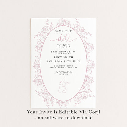 The image is a pink and white invitation card for a baby shower, featuring a floral border and text inviting guests to join the celebration.