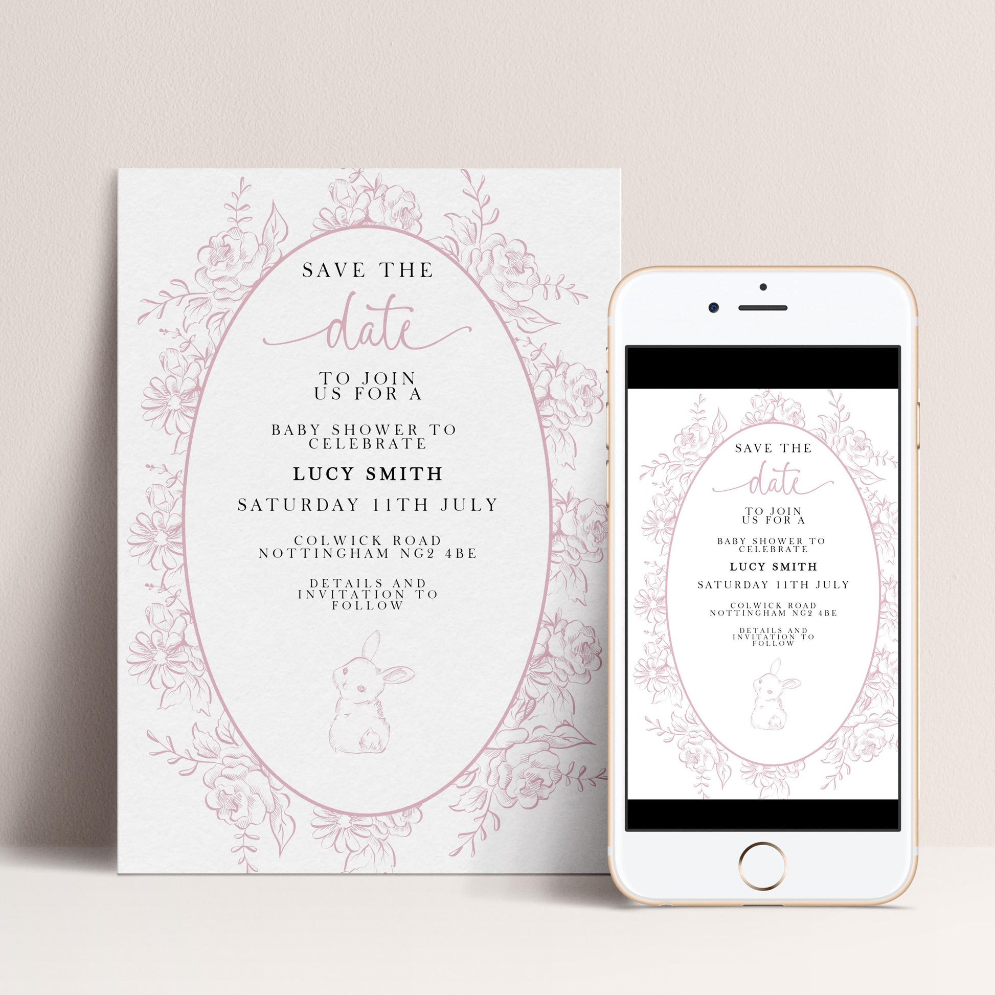 a white invitation card and a smartphone screen with a pink floral design, both featuring the text "Save the date" and an invitation to a baby shower for Lucy Smith.