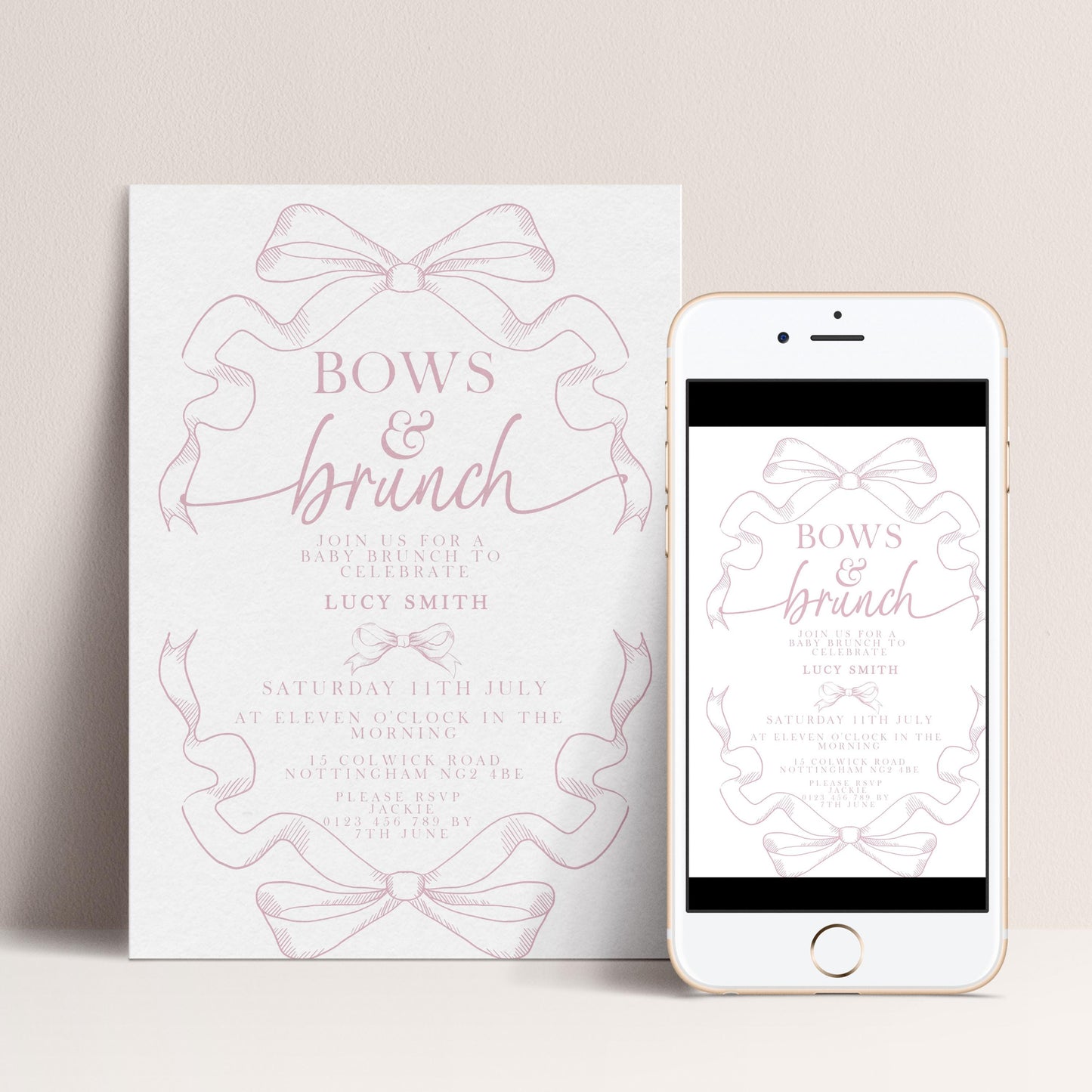 Pink Toile Bows and Brunch Invitation, Editable Baby Shower Brunch Invite, Corjl Template, Elegant Ribbon Design, Girl Baby Shower PT20