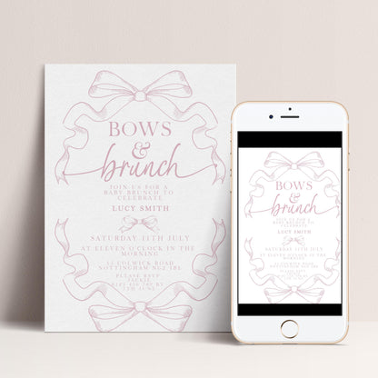 Pink Toile Bows and Brunch Invitation, Editable Baby Shower Brunch Invite, Corjl Template, Elegant Ribbon Design, Girl Baby Shower PT20