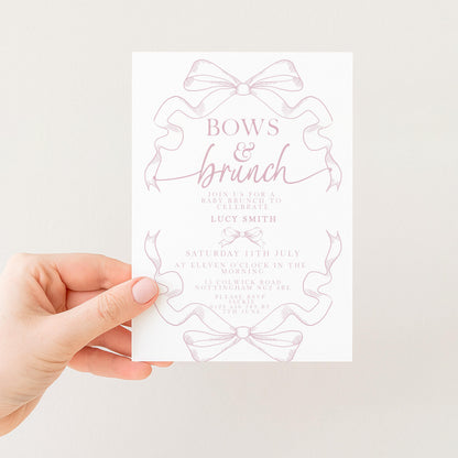 Pink Toile Bows and Brunch Invitation, Editable Baby Shower Brunch Invite, Corjl Template, Elegant Ribbon Design, Girl Baby Shower PT20