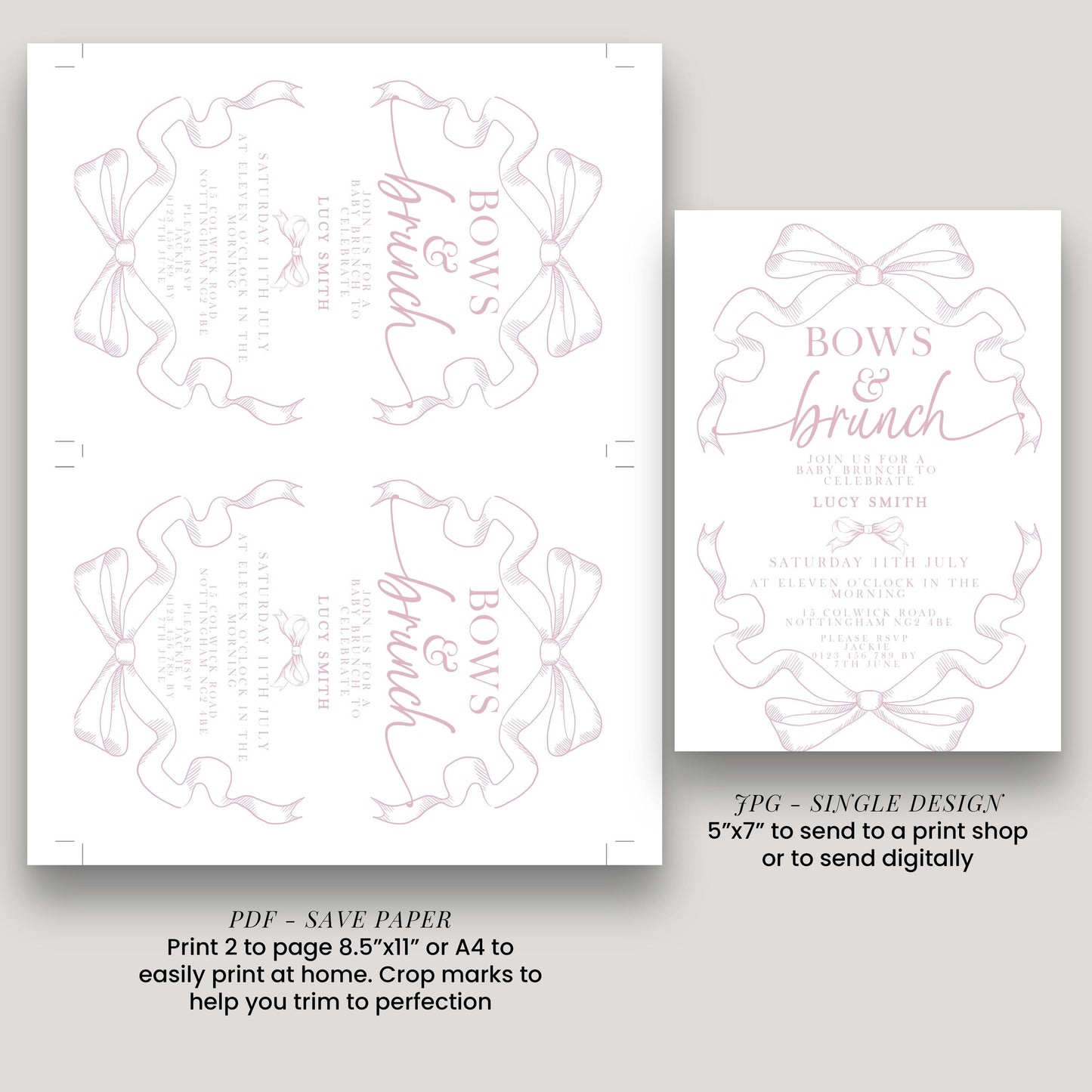 Pink Toile Bows and Brunch Invitation, Editable Baby Shower Brunch Invite, Corjl Template, Elegant Ribbon Design, Girl Baby Shower PT20